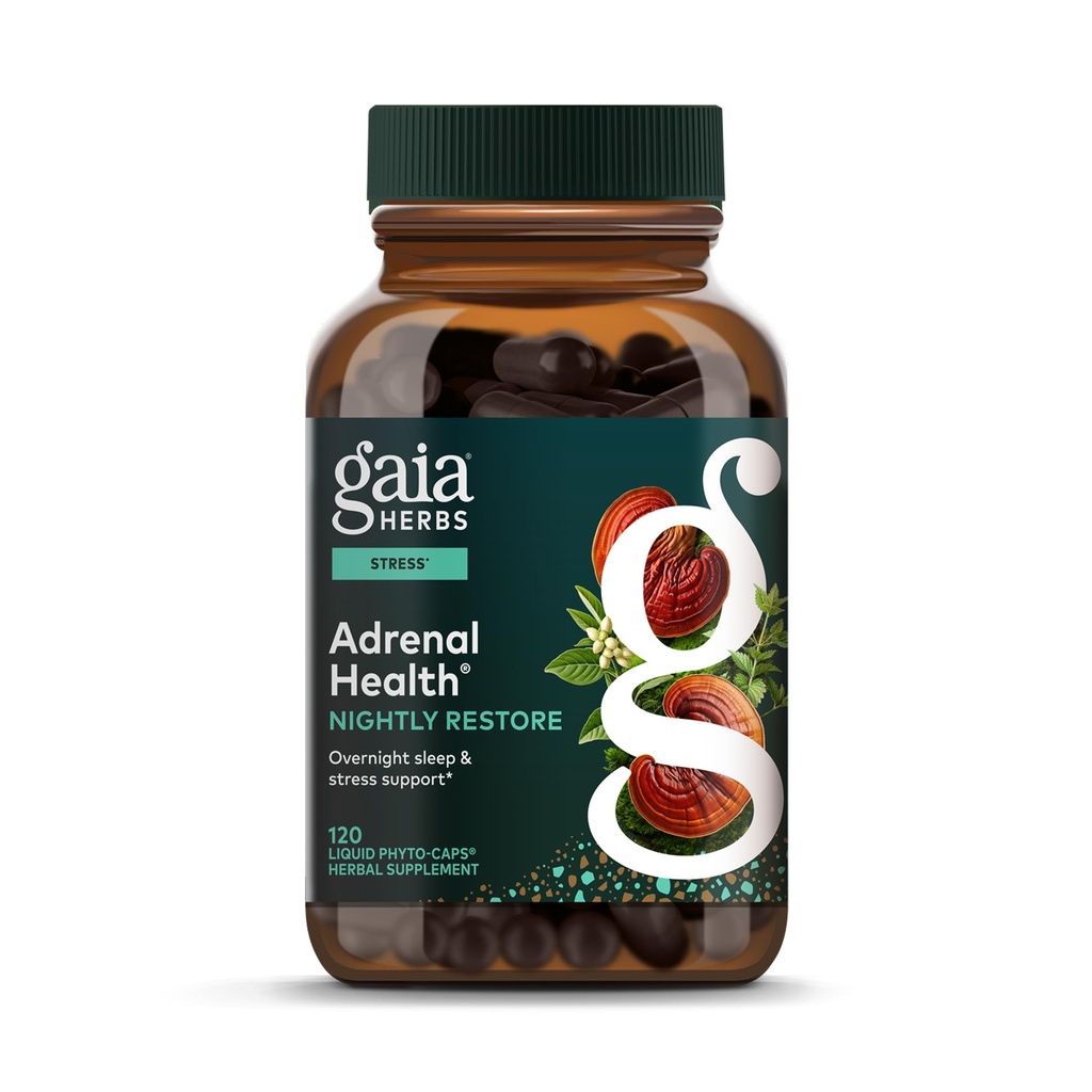 Gaia urter Adrenal sundhed Nightly Gendanne - Urte tillæg med Ashwagandha, Magnolia Bark, Cordyceps, Lemon Balm & Mere * - 120 Vegansk flydende Phyto- kapsler (60 Servere)