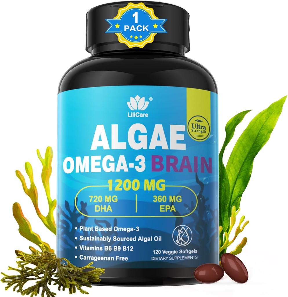 Omega 3 Fish Oil Softgels med DHA 720mg EPA 360mg, Vegan Algae Science 2: 1 Ratio for Brain Eye, Plant baseret bæredygtigt sourced Omega 3 Supplement, Fish Oil Alternative 1200mg, Ingen fisk smag, 120Cts