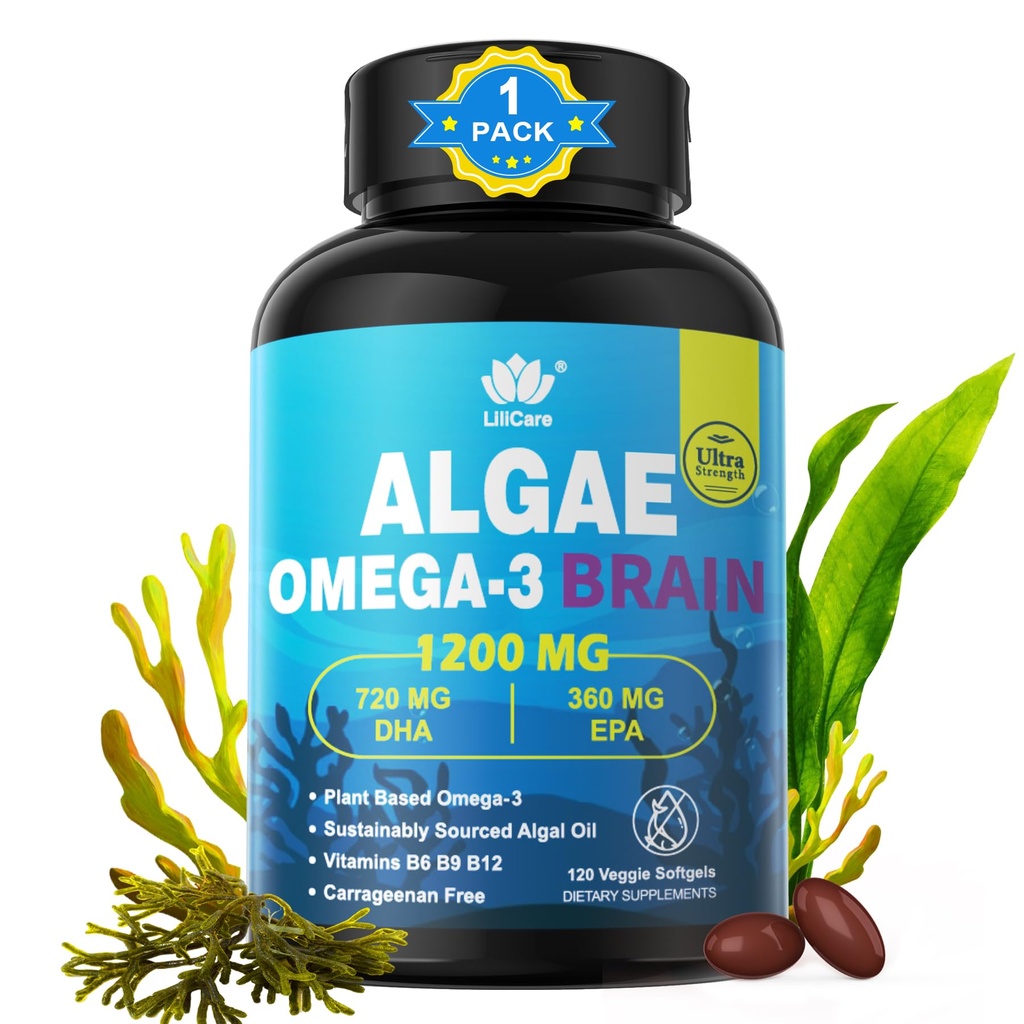 Omega 3 Fish Oil Softgels med DHA 720mg EPA 360mg, Vegan Algae Science 2: 1 Ratio for Brain Eye, Plant baseret bæredygtigt sourced Omega 3 Supplement, Fish Oil Alternative 1200mg, Ingen fisk smag, 120Cts