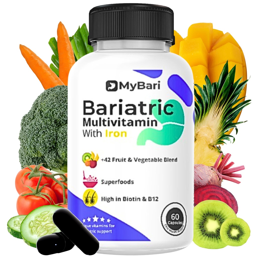 All-in-One Bariatric Multivitamin med jern - Made in USA - for mænd og kvinder - Understøtter Gastric Sleeve & Bypass med 42 + Frugt & Veggie Blend - 60 flydende kapsler