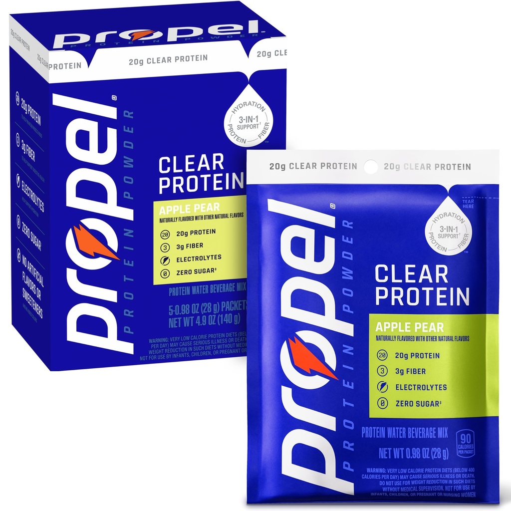 Propel Clear Protein Powder, Apple Pear, 5 Servings, 3-in-1 GLP-1 Support: Hydration, 20g Protein, 3g Fiber, Zero Sugar, 90 Calories, No Added Colors, No Artificial Sweeteners or Flavors, Electrolytes