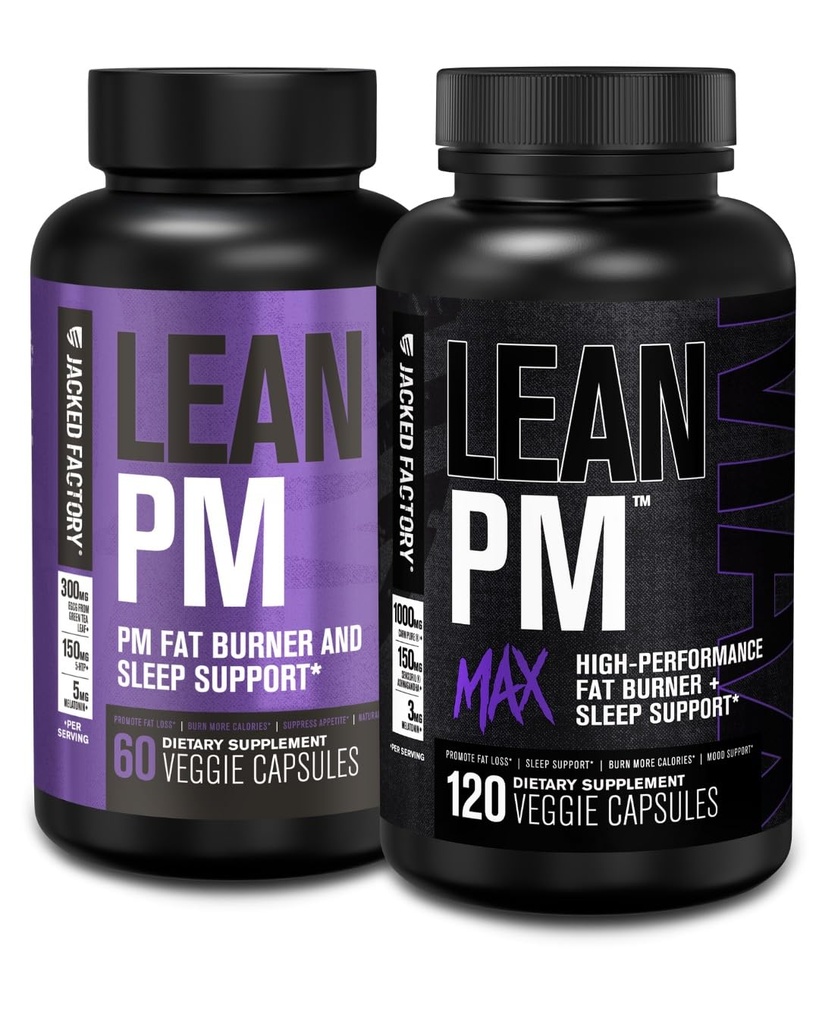 Jacked Factory Lean PM & Lean PM Max Night Time Fat Burner, Sleep Aid Supplement, & Appetite Suppressant for Mænd og Kvinder (180 kapsler)