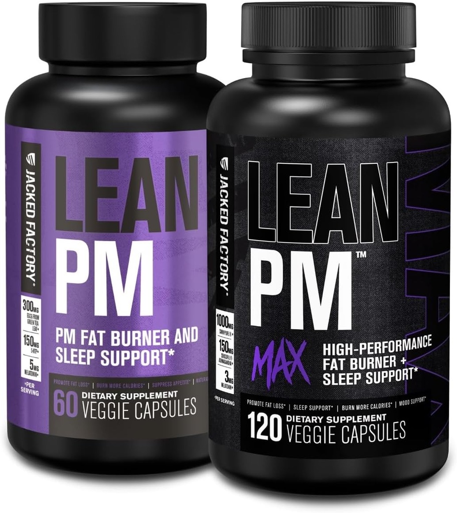 Jacked Factory Lean PM & Lean PM Max Night Time Fat Burner, Sleep Aid Supplement, & Appetite Suppressant for Mænd og Kvinder (180 kapsler)