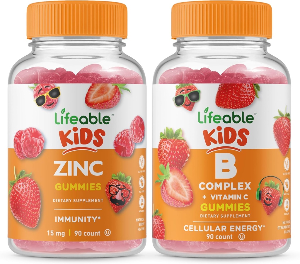 Lifeable Zink Kids + B Complex Kids, Gummies Bundle - Great Tasting, Vitamin supplement, Gluten fri, GMO fri, Chewable Gummy