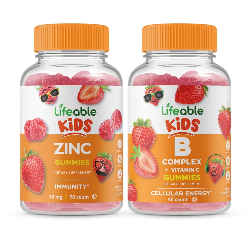 Lifeable Zink Kids + B Complex Kids, Gummies Bundle - Great Tasting, Vitamin supplement, Gluten fri, GMO fri, Chewable Gummy