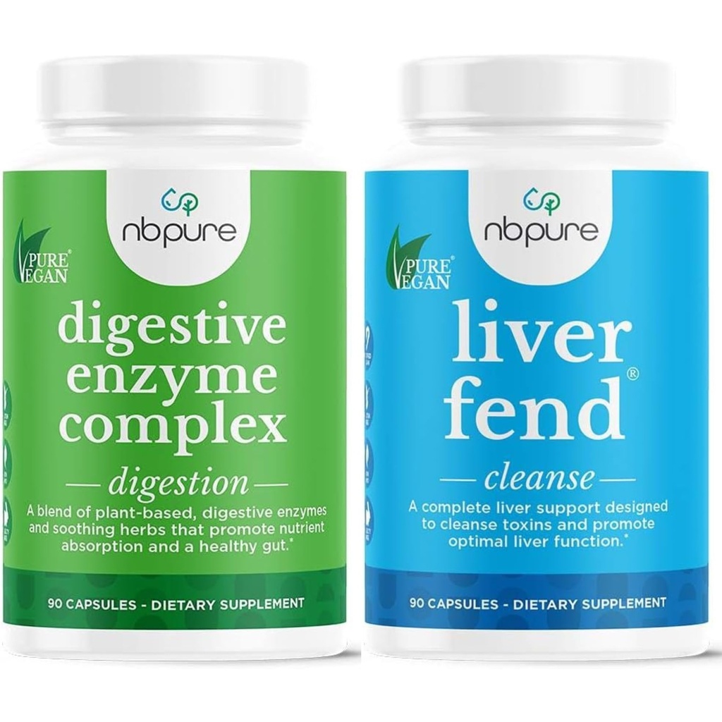 nbpure Liver Fend + Vegan Digestive Enzyme Bundle | Liver Detox & Cleanse + Bloating Relief | Support for Liver Health, Digestion, & Nutrient Absorption | Milk Thistle + 12 Enzymes