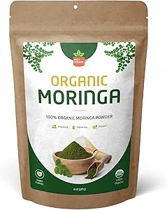 Organic Moringa Leaf Powder - USDA Certified Green Superfood Note 124; Natural Energy & Immune Support - Vegan, Non- GMO, Gluten- Free - Pure Raw Moringa for Smoothies, Teas, Madlavning - 8oz Resealable Pouch
