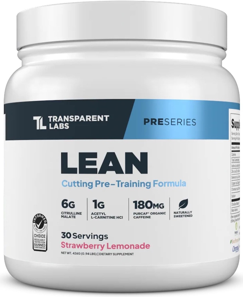 Transparent Labs Lean Pre-workout - Krop Recomposition Pre Workout for mænd og kvinder med Acetyl L- Carnitin, Beta Alanine Powder, & PurCaf Organic Koffein Powder - 30 Servering, Jordbær Lemonade