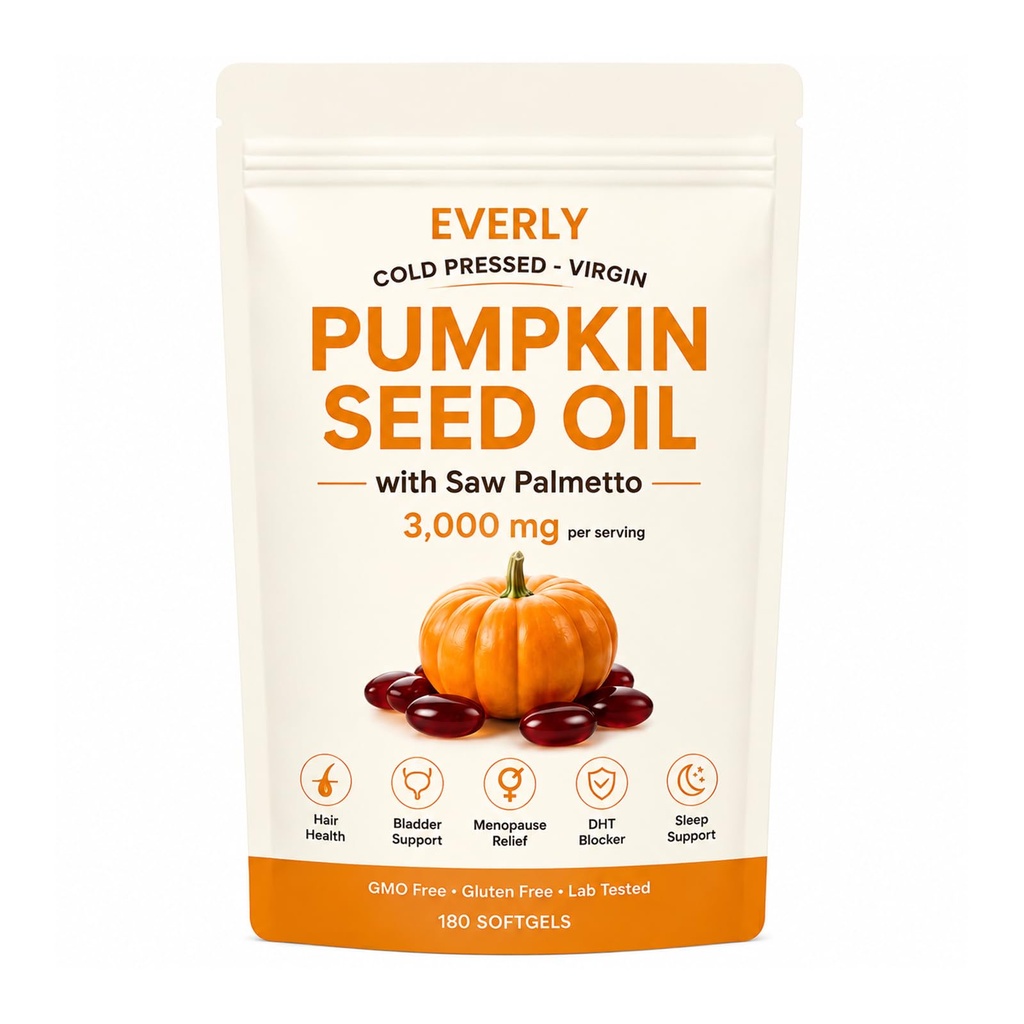 Everly Pumpkin Seed Oil with Saw Palmetto 3000mg per Serving, Cold Pressed Pumpkin Seed Oil Capsules, Essential Fatty Acids, Non-GMO, Gluten-Free