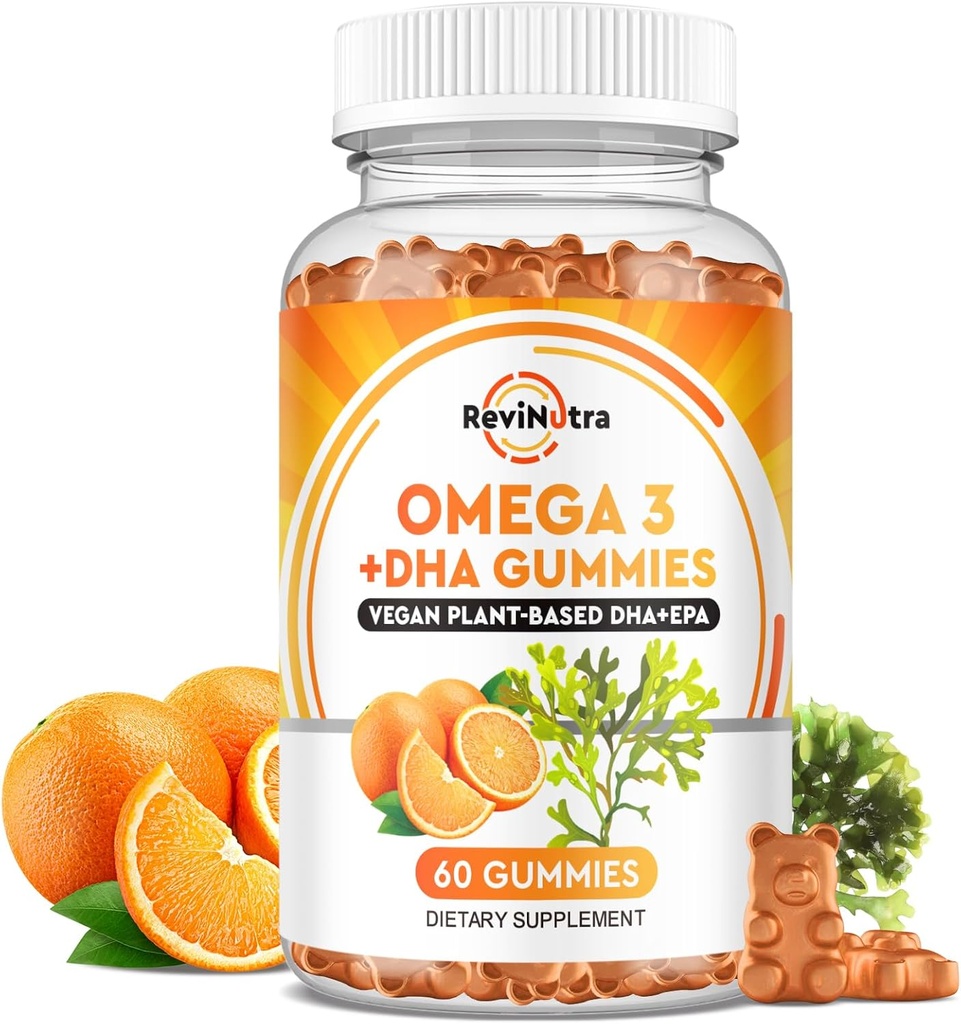 Omega 3 Gummies, Omega 3 Fish Oil Supplements Alternative med EPA & DHA, CoQ10, Folate, Vitamin A, D3, E, Understøtter hjerne, fælles, hjerte, øje og immunsystem funktioner-Orange Flavor, 60 Gummies
