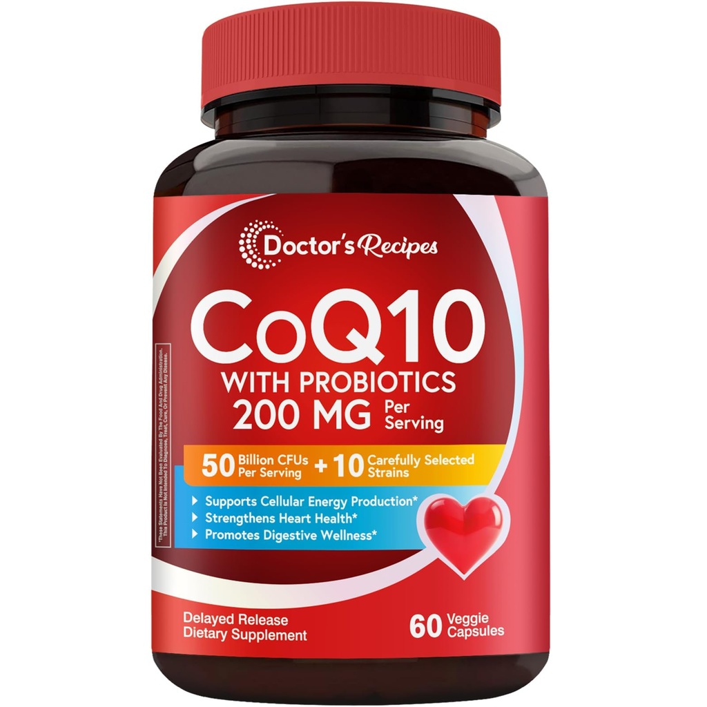 Doctor's Recipes CoQ10 with Probiotics, 200 mg, 50 Billion CFUs from 10 Strains Per Serving, Bioavailable Ubiquinone, for Heart, Gut, 60 Vegan Capsules, Non-GMO