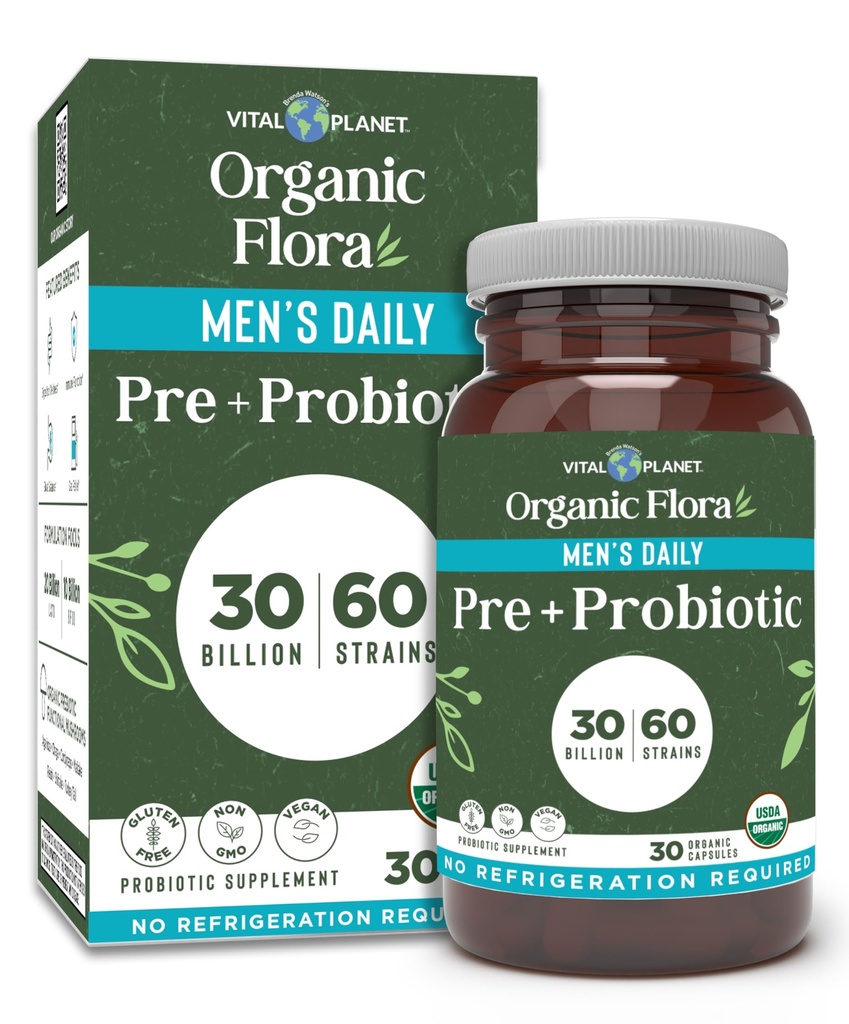 Vital Planet - Organic Flora Probiotics for Men, Men's Daily Shelf Stable Probiotic 30 Billion CFU, 60 Diverse Strains, Prebiotic Organic Mushroom Blend, Immune and Digestive Health 30 Capsules