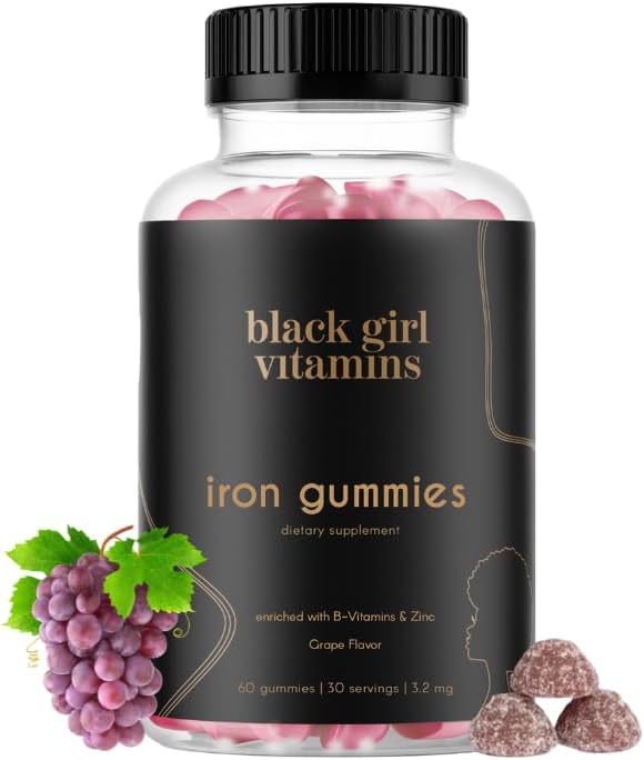 Black Girl Vitamin - Iron Gummies (20 mg), understøtter jernmangel & anæmi, Gluten- Free, Gelatine Free, Made in The USA (Grape, 60 Greve) 30 Day Supply
