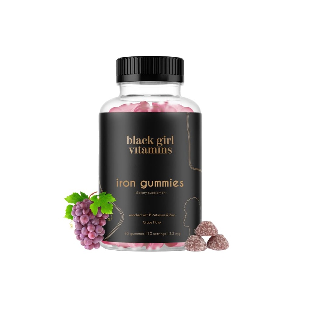 Black Girl Vitamin - Iron Gummies (20 mg), understøtter jernmangel & anæmi, Gluten- Free, Gelatine Free, Made in The USA (Grape, 60 Greve) 30 Day Supply