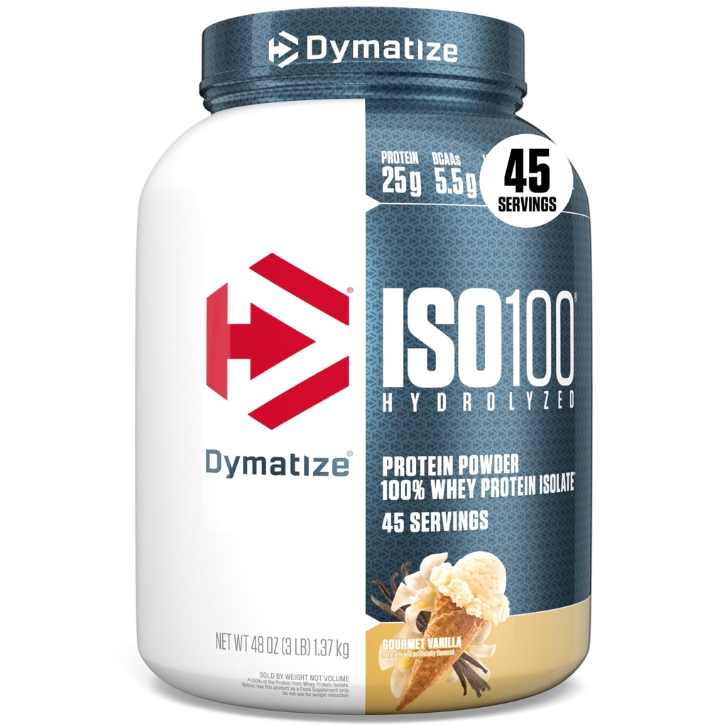 Dymatisere ISO100 Whey Protein Powder Isolate, Vanilla, 25g protein, 3 Pund, 5,5g BCAA, mindre end 120 Cal., Gluten Free, 1g fedt, 1g sukker, 2g Carb (45 Servere)