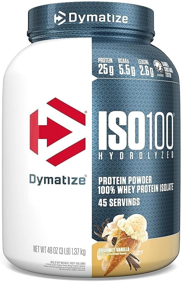 Dymatisere ISO100 Whey Protein Powder Isolate, Vanilla, 25g protein, 3 Pund, 5,5g BCAA, mindre end 120 Cal., Gluten Free, 1g fedt, 1g sukker, 2g Carb (45 Servere)