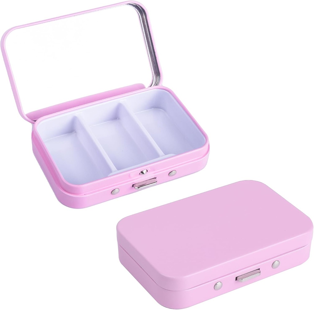 2Pack Pill Box 3 Afdeling Pill Case, Portable Metal Travel Pill Box med spejl til medicin, vitaminer, fiskeolie og kosttilskud, Portable Pill Box til Pocket eller Purse (Pink)