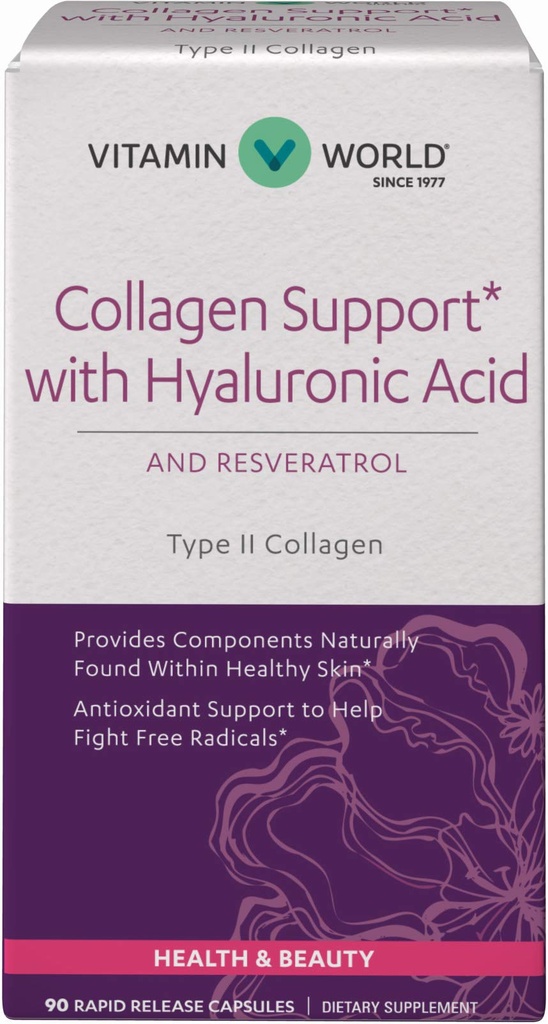 Vitamin World Collagen Support with Hyaluronic Acid 90 Capsules, Supports Healthy Skin, Antioxidant Support, BioCell Type II Collagen, Resveratrol, Grape Seed Extract, Rapid-Release, Gluten Free