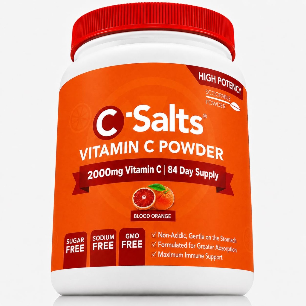 C- Salte C-vitamin pulver supplement - 100% Pure High Dosis Buffered C-vitamin pulver til immunforsvar - Økologisk, sukkerfri, Vegan, Non- GMO, Stomach- Friendly, Blood Orange 8oz