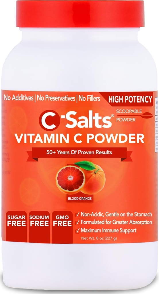 C- Salte C-vitamin pulver supplement - 100% Pure High Dosis Buffered C-vitamin pulver til immunforsvar - Økologisk, sukkerfri, Vegan, Non- GMO, Stomach- Friendly, Blood Orange 8oz