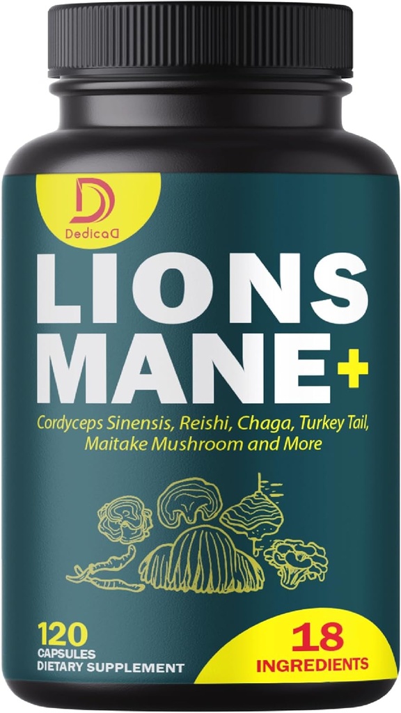 18in1 Mushroom Supplement Complex - med Lion 's Mane, Cordyceps Sinensis, Reishi Mushroom - Support Brain Supplement for energi, hukommelse og immunsystem - 120 kapsler