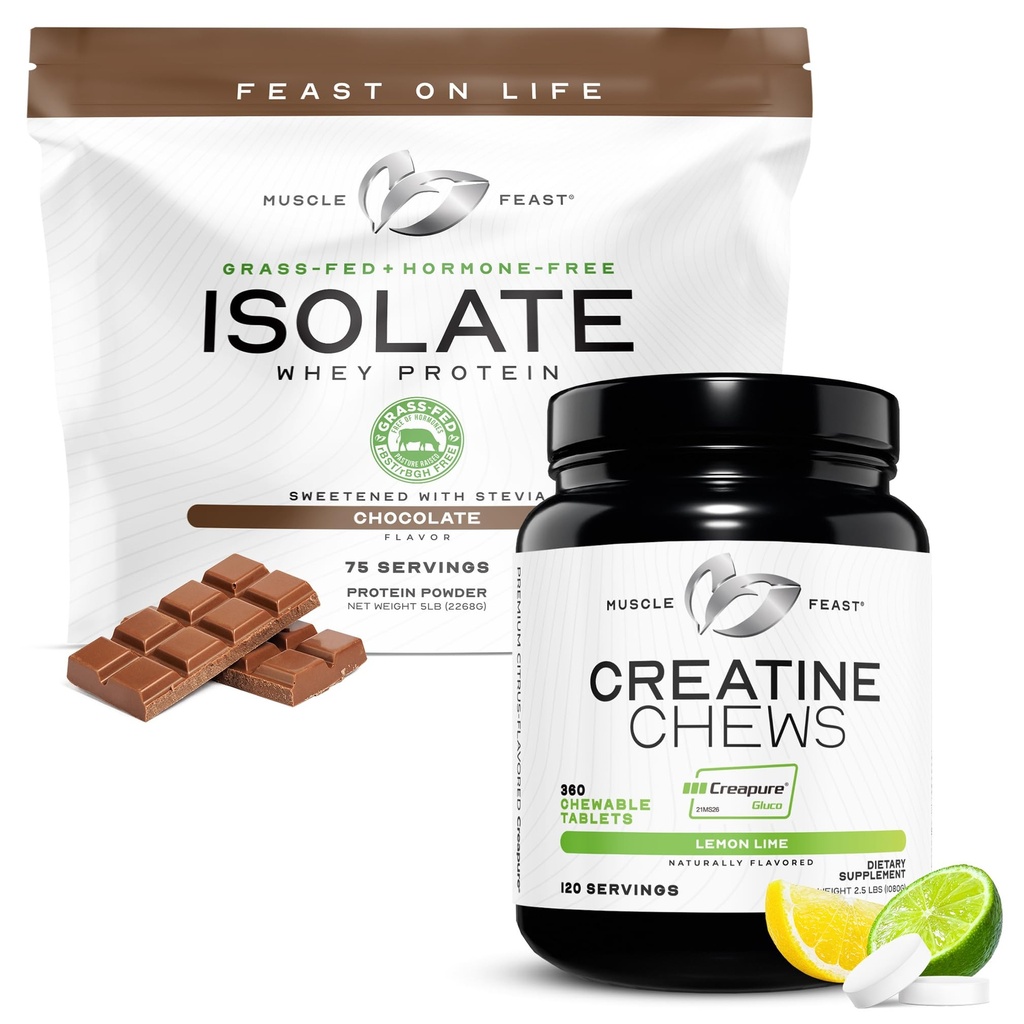 Muskel Feast Isolate + Creatin Candy Bundle: 1 Whey Protein Isolate (chokolade, 5lb) + 1 Creatin Candy (Lemon Lime, 360)