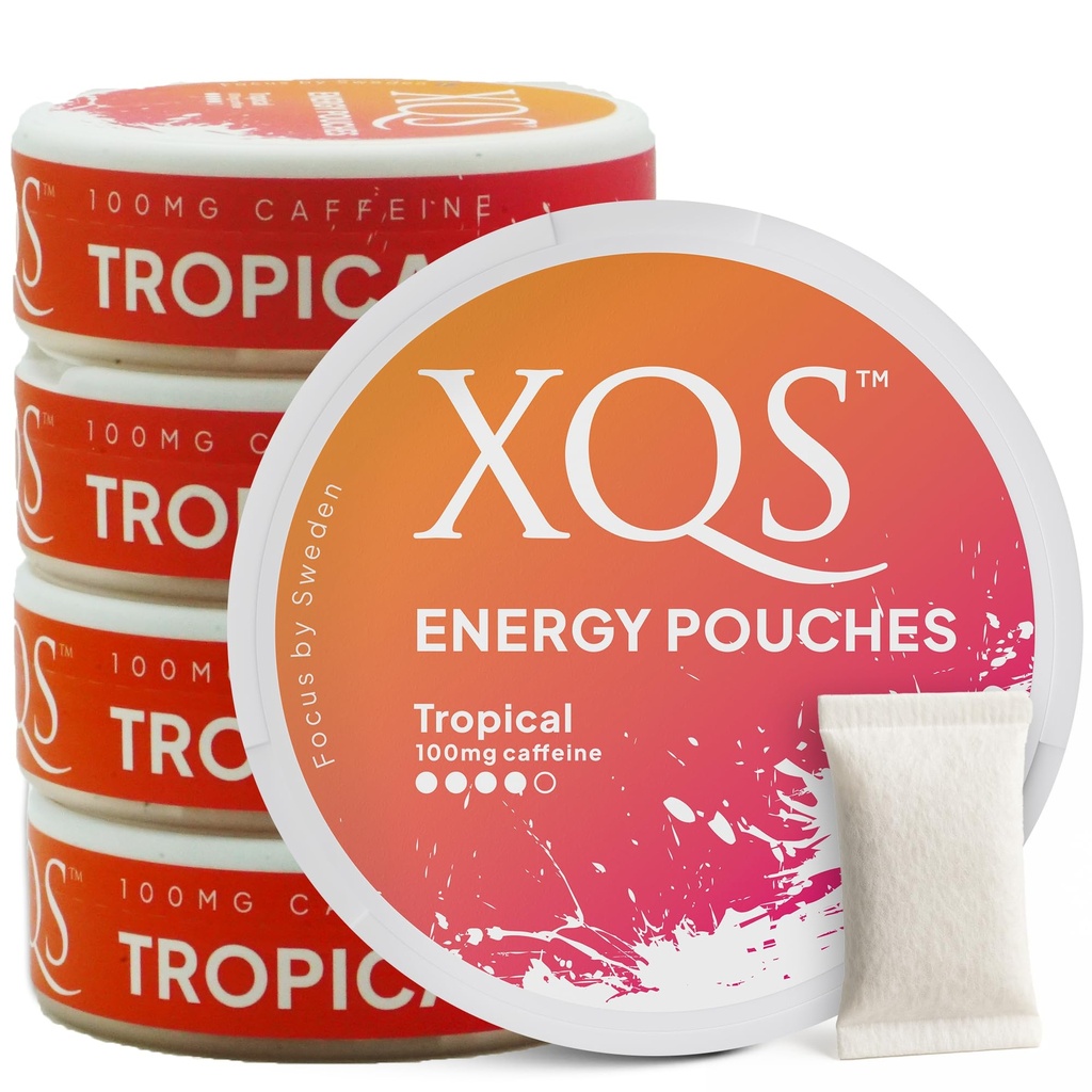 xqs Sugar Free Caffeine Pouches- 100mg Caffeine, Zero Sugar, Tobacco and Nicotine Free Pouches for Energy Boost – 20 Count Functional Energy Pouches Each Pocket-Sized Tin (5, Tropical)