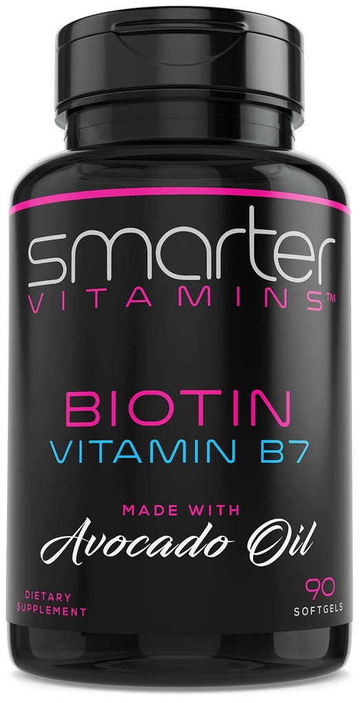 SmarterVitamins Smarter Biotin 5000mcg in Avocado Oil, Vitamin B7, Hair, Skin & Nail Support, Non-GMO, 90 Mini Liquid Softgels, No Soy