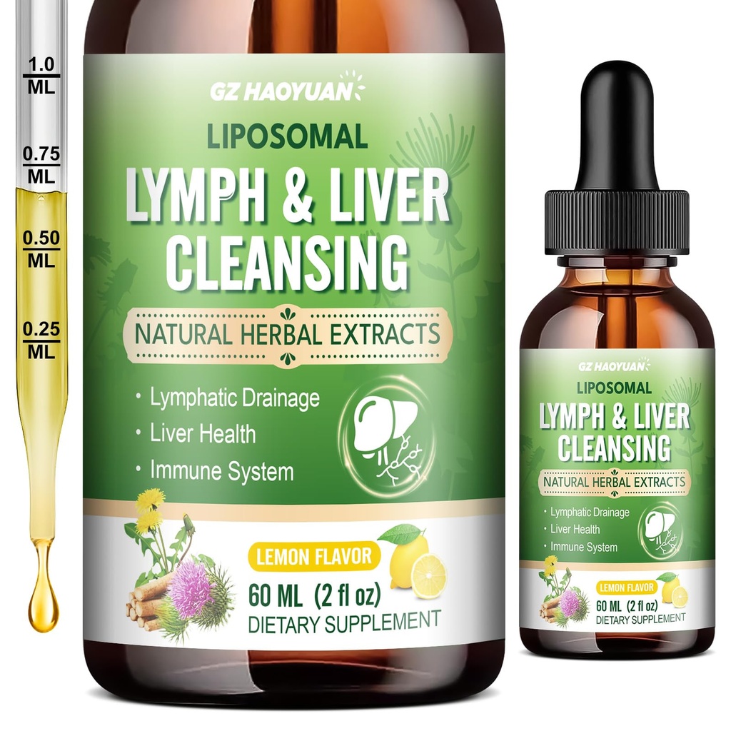 Lymphatic Drainage - Liver Cleanse Detox & Repair Drops, Liposomal Milk Thistle, Echinacea, Artichoke, Dandelion, Turmeric, ''Lymph-Liver'' Detox Supplement, Immune & Health, Lemon Flavor, 2 Fl Oz