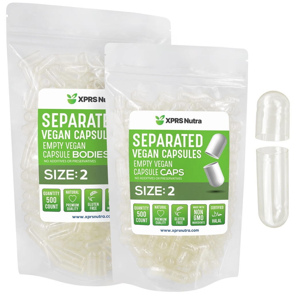 XPRS Nutra Vegan Size 2 Separated Capsules - 500 Count Premium Empty Capsules Separated in Bags - Clear Empty Pills for DIY Supplement Filling