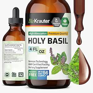BIO KRAUTER Holy Basil Tincture - Tulsi Powder Liquid Extract - Understøtter Calmness and Relaxation - Ursolsyre supplement - Alkohol og sukker fri - Vegan Drops 2 Fl.Oz.