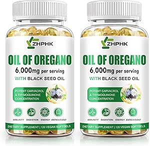 Oregano olie med sort frøolie, 6000mg Oregano oliekapsler Organiske naturlige carvacrol & Thymoquinon, immunfordøjelsesstøtte, non-GMO, gluten fri, 120 Greve