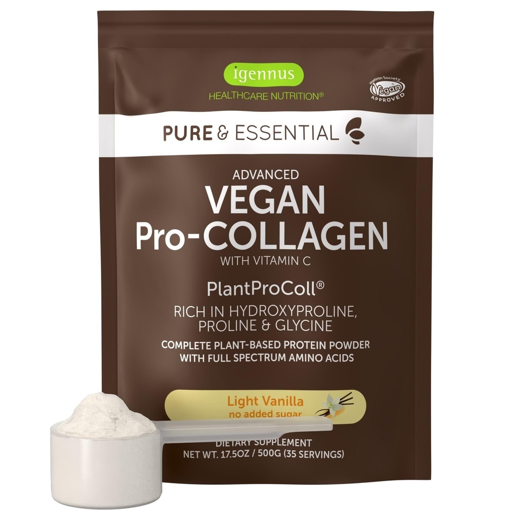 Igennus Advanced Vegan Vanilla Collagen Peptid Powder, forstærket med Glycin, Proline & Hydroxyprolin & Cofactor Vitamin C, ikke GMO, Vegetar Plant Based Collagen Powder Booster, 35 Servere
