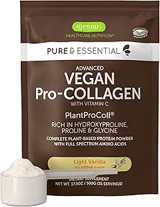 Igennus Advanced Vegan Vanilla Collagen Peptid Powder, forstærket med Glycin, Proline & Hydroxyprolin & Cofactor Vitamin C, ikke GMO, Vegetar Plant Based Collagen Powder Booster, 35 Servere