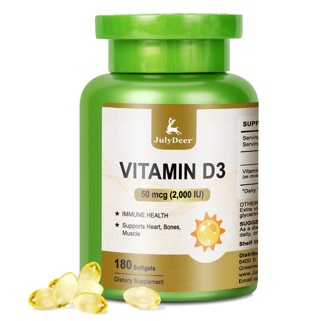 JulyDeer Vitamin D3 2000 IU (50 mcg) 180 Softgels | Supports Immune Health, Calcium Absorption & Bone Strength | Essential for Healthy Bones, No-Gluten, 1 Serving Per Day for Daily Health