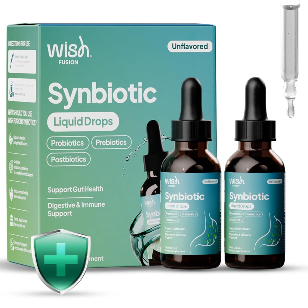 Synbiotic Liquid Probiotic for Women & Men, Probiotics Prebiotics Postbiotics for Gut Health Digestive & Immune Support, Organic Pre and Probiotic Drops 2 Billion CFU, 30mL 2-Pack