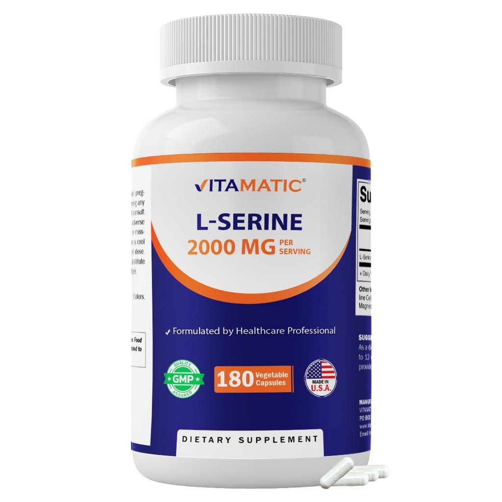 Vitamatic L-Serine 2000 mg per Serving, 180 Vegetarian Capsules – Amino Acid Supplement, Non-GMO, Gluten Free, Made in USA