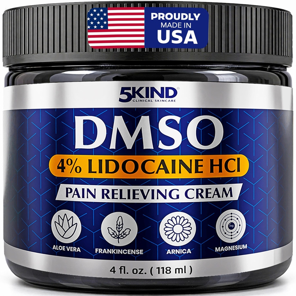 5Kind DMSO Cream with Lidocaine for Pain Relief 4 fl oz - 99.9% Pure DMSO Pharmaceutical Grade Cream - Lidocaine Cream with Aloe Vera, Magnesium, Arnica & Menthol - Registered NDC - Made in USA