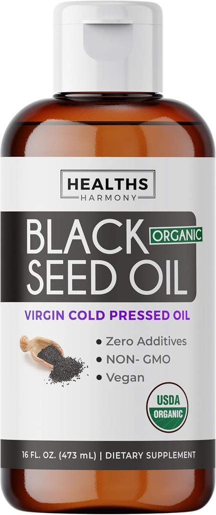 USDA Organic Black Seed Oil Liquid (16 fl oz) Premium Cold- Pressed Nigella Sativa Producerer Pure Black Cumin Seed Oil - Antioxidant Supplement - Vegan, Gluten- Free, & Non- GMO (Ingen piller eller kapsler)