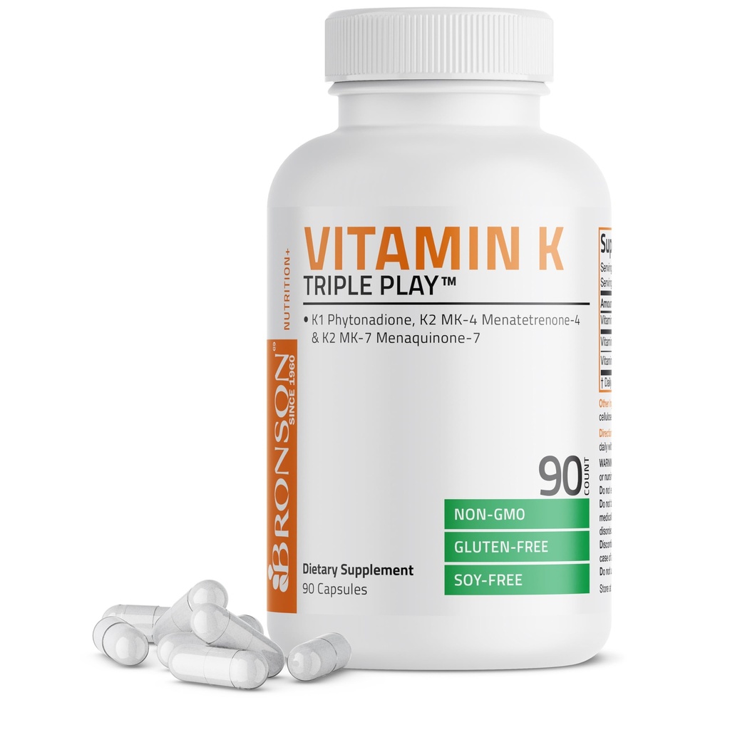 Bronson vitamin K Triple Play (Vitamin K2 MK7 / Vitamin K2 MK4 / Vitamin K1) Fuld Spectrum Complex vitamin K supplement, 90 kapsler