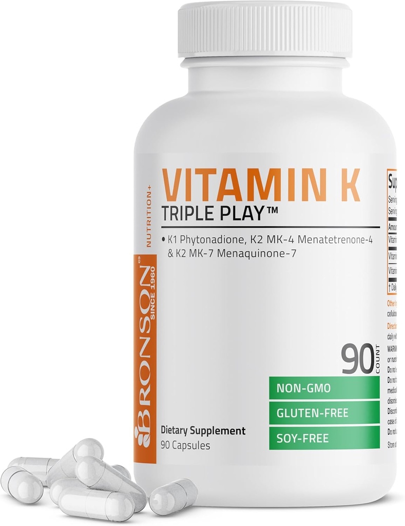 Bronson vitamin K Triple Play (Vitamin K2 MK7 / Vitamin K2 MK4 / Vitamin K1) Fuld Spectrum Complex vitamin K supplement, 90 kapsler