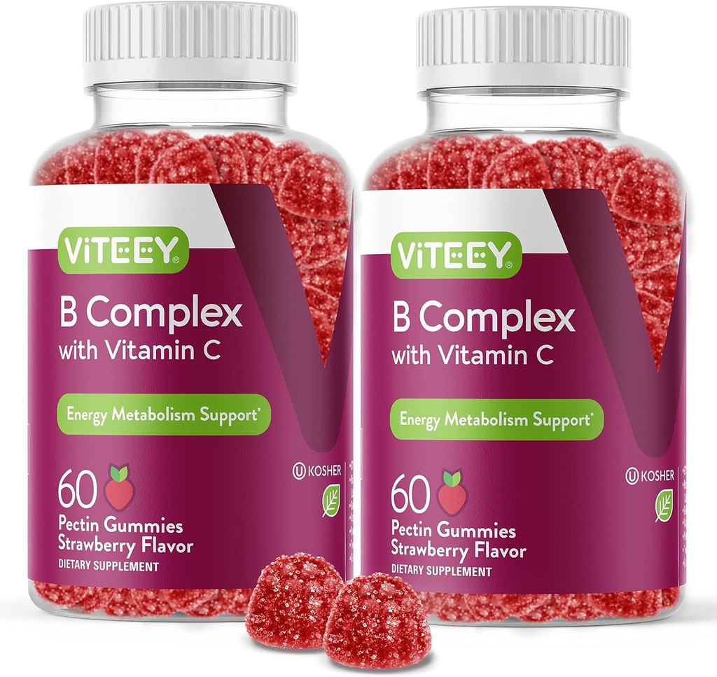Viteey Vitamin B Complex Gummies med C-vitamin - Energi, Metabolisme og immunforsvar - B6, B12, Niacin, Folinsyre, Biotin, Calcium - Vegan, Gluten- Free - 120 Tæl