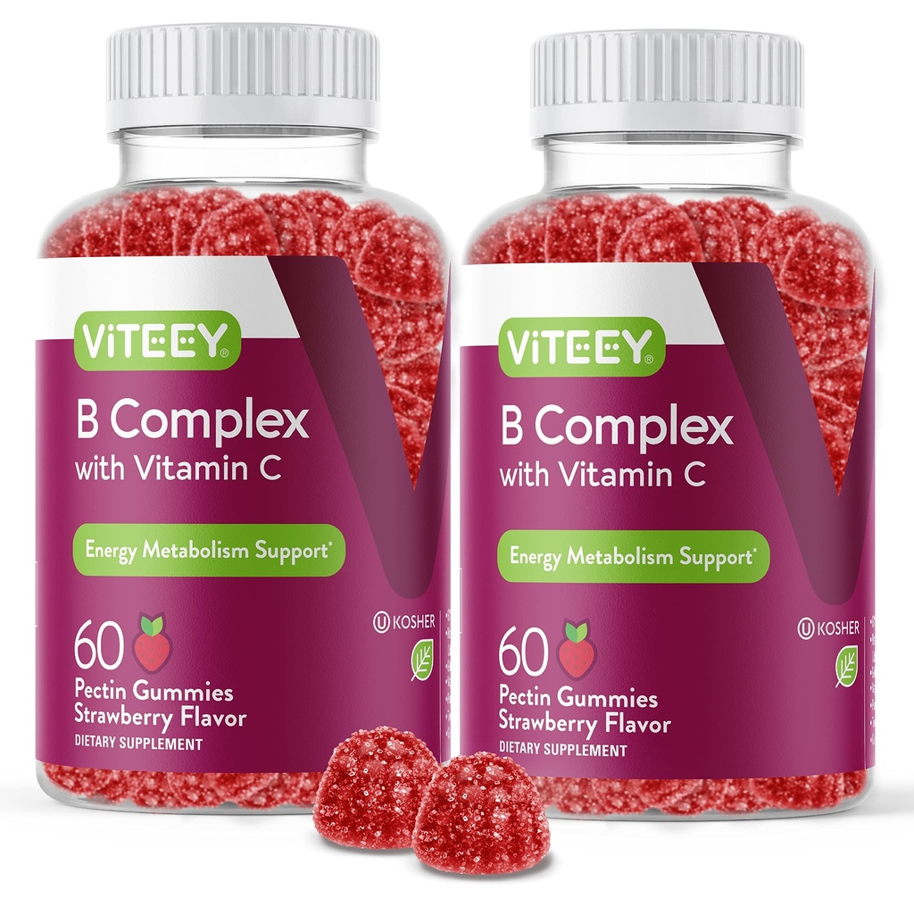 Viteey Vitamin B Complex Gummies med C-vitamin - Energi, Metabolisme og immunforsvar - B6, B12, Niacin, Folinsyre, Biotin, Calcium - Vegan, Gluten- Free - 120 Tæl