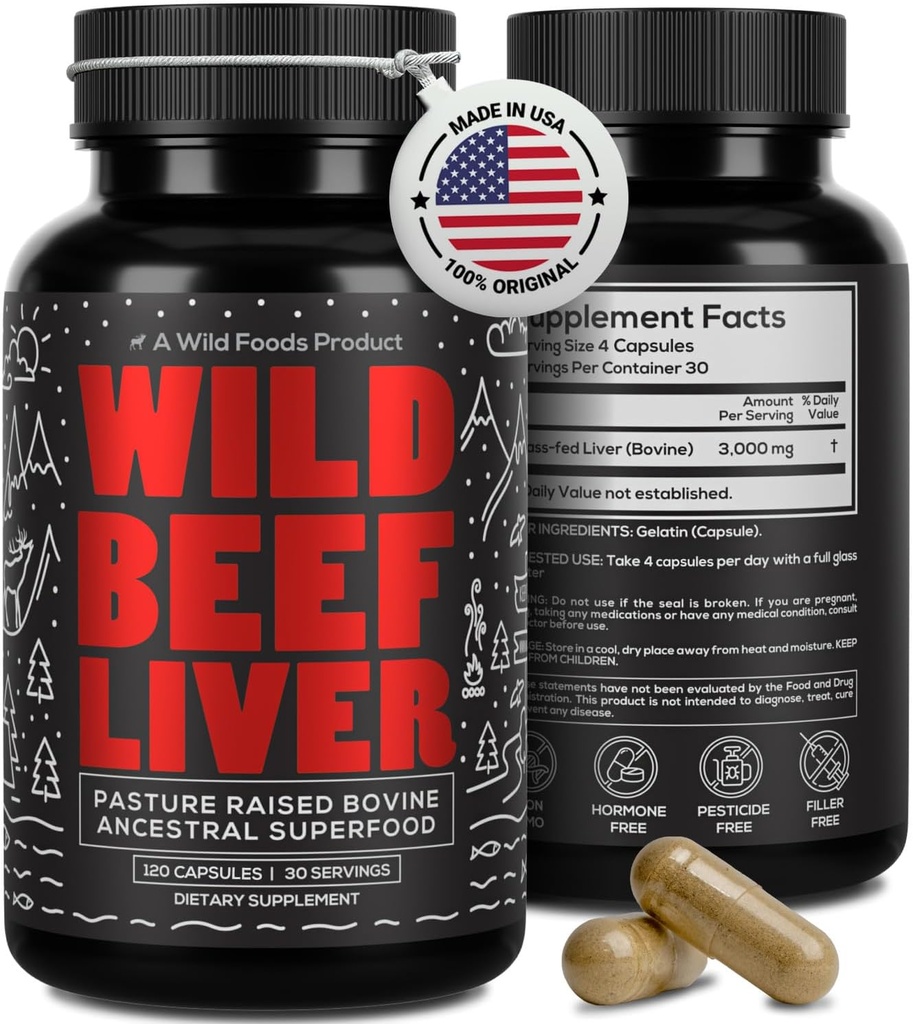 Wild Foods Beef Lever Capsules - Grass- Fed & Pastor- Raises 124; 3000mg Ancestral Supplement for Natural Energy & MumminSupport 124; orgel Supplement for Mænd & Kvinder