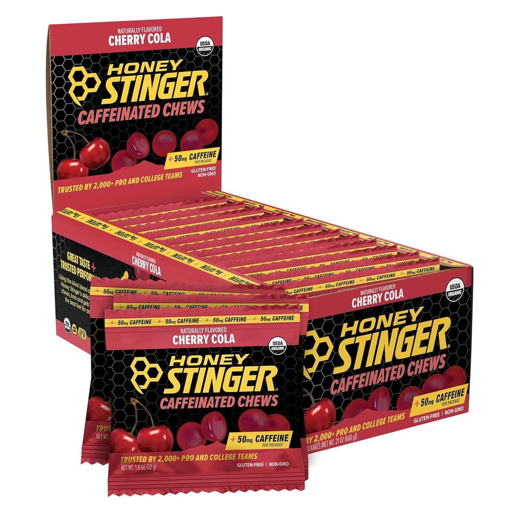 Honning Stinger Cherry Cola Coffed Energy Chew, Gluten Free, med Koffein, til motion, Løbetræning og ydeevne, Sport Nutrition for Home & Gym, Pre and Middle Workout, 12 Pack, 23.2 Ounce