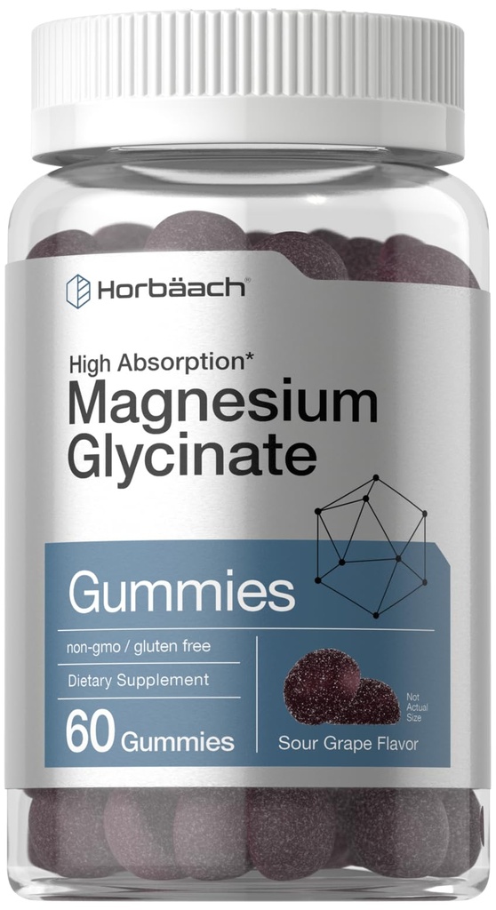 Horbäach Magnesium Glycinate Gummies | 60 Count | Sour Grape Flavor | High Absorption | Vegan, Non-GMO, Gluten Free