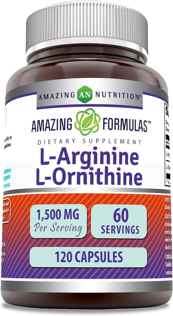 Amazing Formulas L- Arginin / L- Ornithin 1500 Mg Per Serving, Kapsler 124; Non- GMO 'er 124; Gluten Free Memories 124; Aminosyretilskud (120 Tæl)