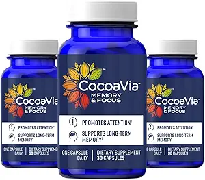 CocoaVia Memory & Focus Brain Supplement, 90 Dag, Kakao Flavanol Blend, Lutein, Tilføjet koffein til Boost. Forbedre kognitiv funktion, Opmærksomhed, Vegan & Plant baseret, 90 Kapsler