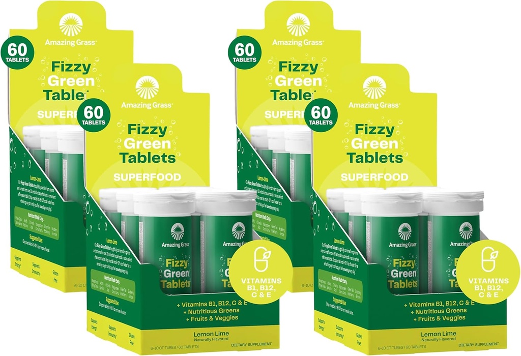 Amazing Grass Fizzy Green Tablets Superfood Lemon Lime: Green Superfood Water Flavoring Tablet with Antioxidants & Alkalizing Greens, 60 Count (Packaging May Vary) (Pack of 4)