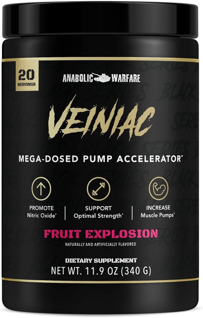 Anabolsk krigsførelse Veiniac Muskelpumpe Aktivator Supplement Stimulant Gratis Pre- Workout med L- Citrullin, Betain Vandfri, & Tilføjet AGMass ™, Øger nitrogenoxid *, Frugt Punch 20 Serveringer